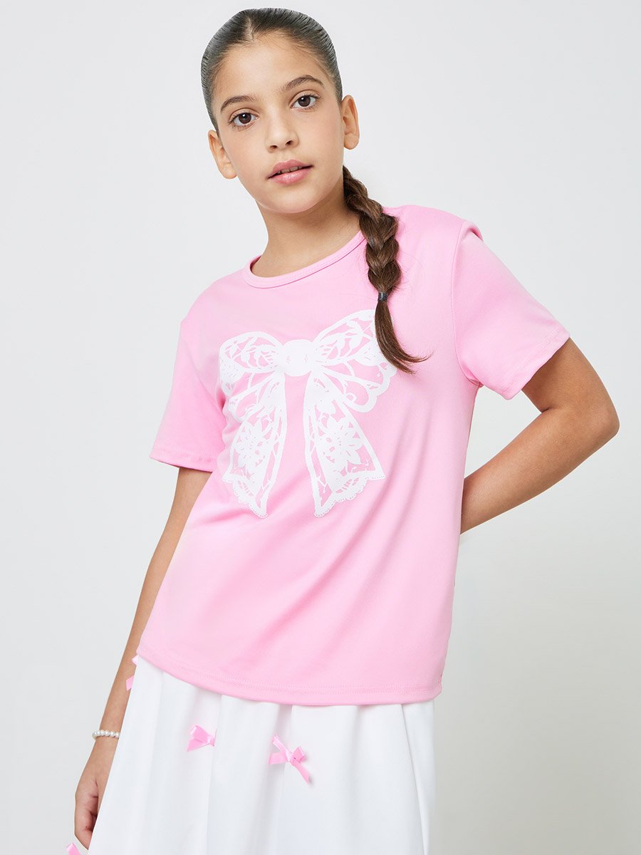 Teens Pink Bow T-Shirt and Knee Length Skirt Set