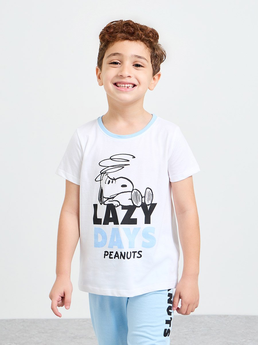 Boys Snoopy Print Short Sleeves T-Shirt and Pyjama Set