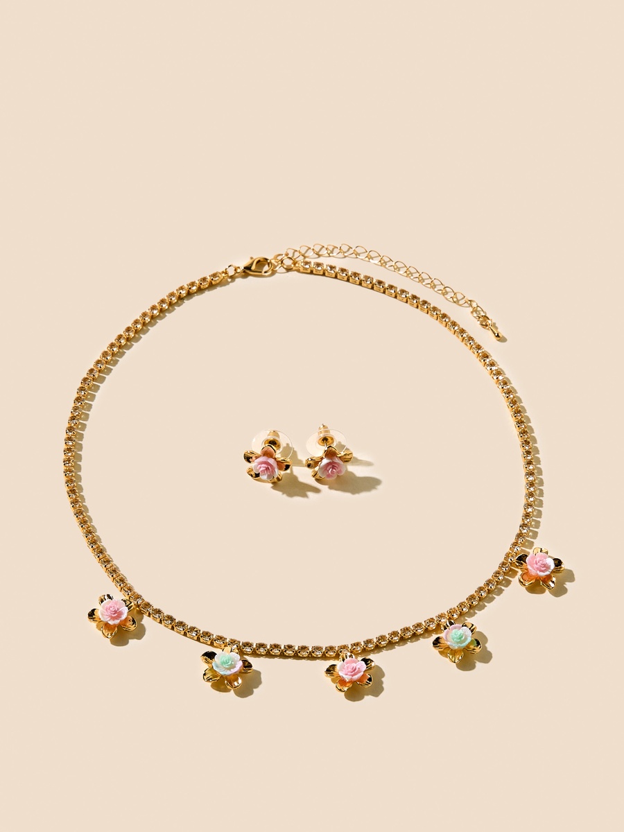 Floral Stone Embellished Necklace and Earrings Set