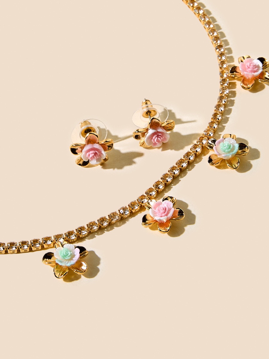 Floral Stone Embellished Necklace and Earrings Set