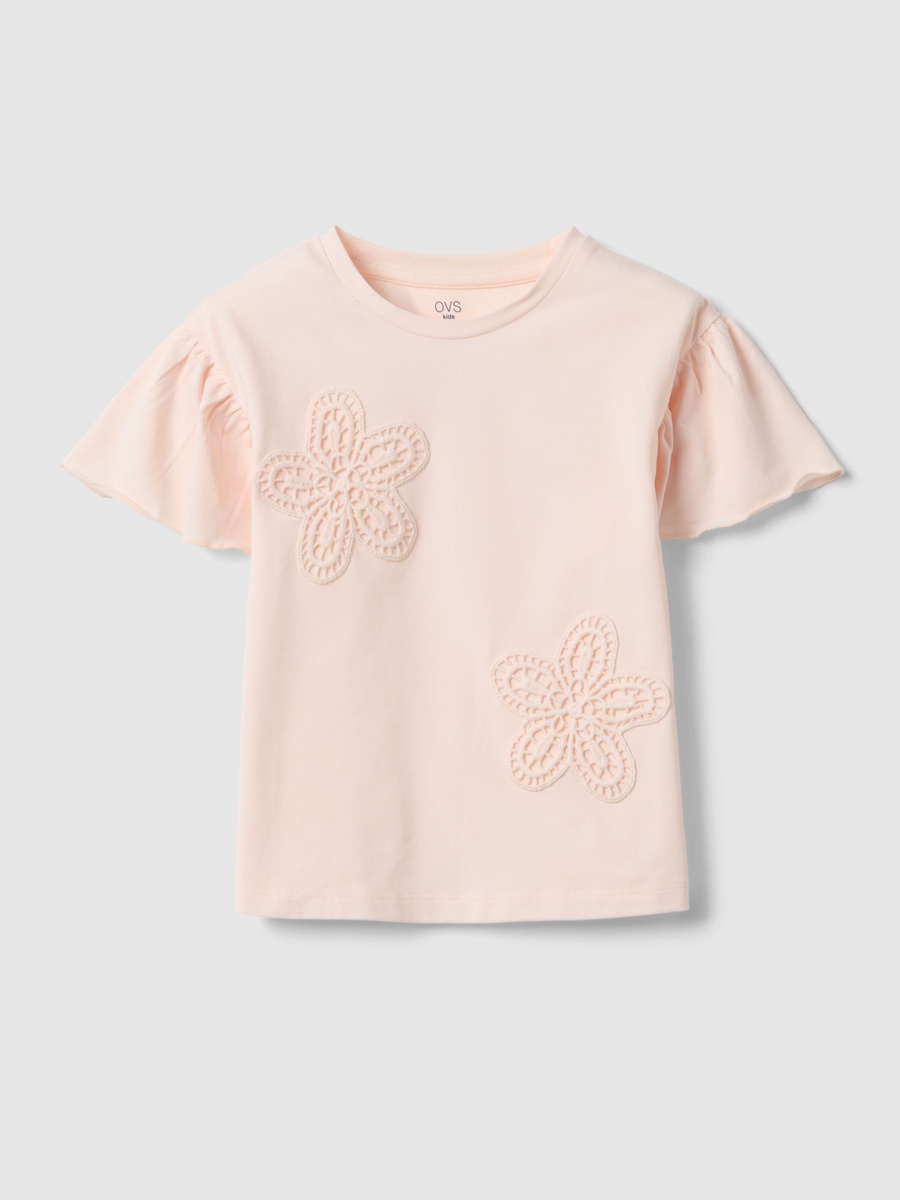 Girls Pink  Floral Embroidery Cotton T-Shirt