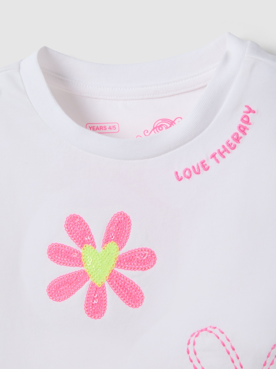 Girls White Embroidered Flowers Cotton T-Shirt