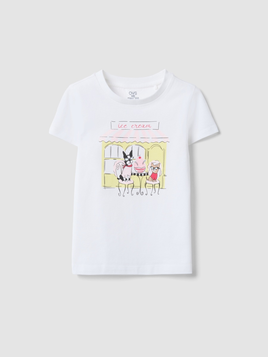 Girls White Pure Cotton Graphic Print T-Shirt