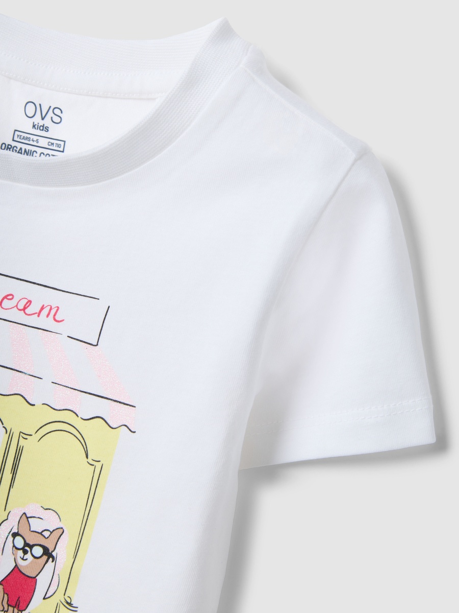 Girls White Pure Cotton Graphic Print T-Shirt