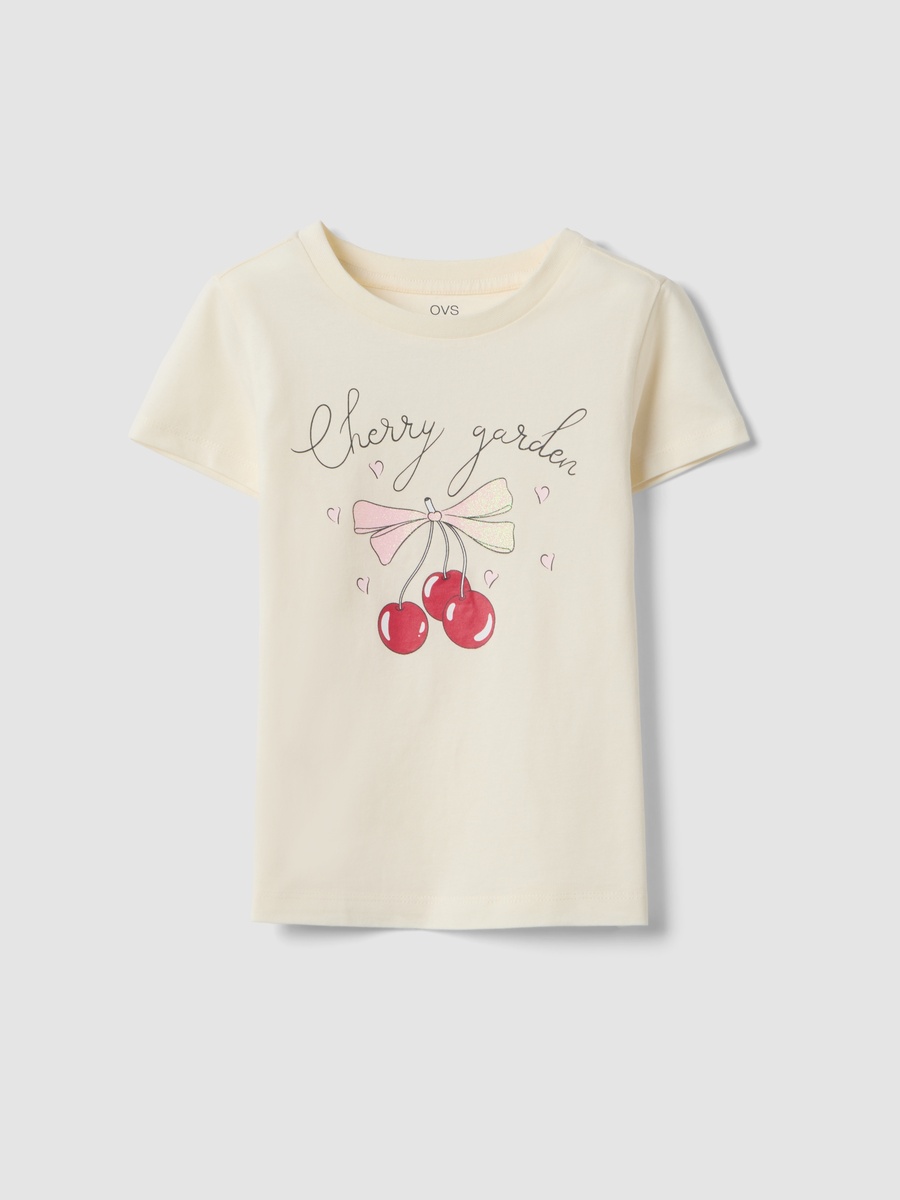 Girls Beige Pure Cotton Cherry Print T-Shirt