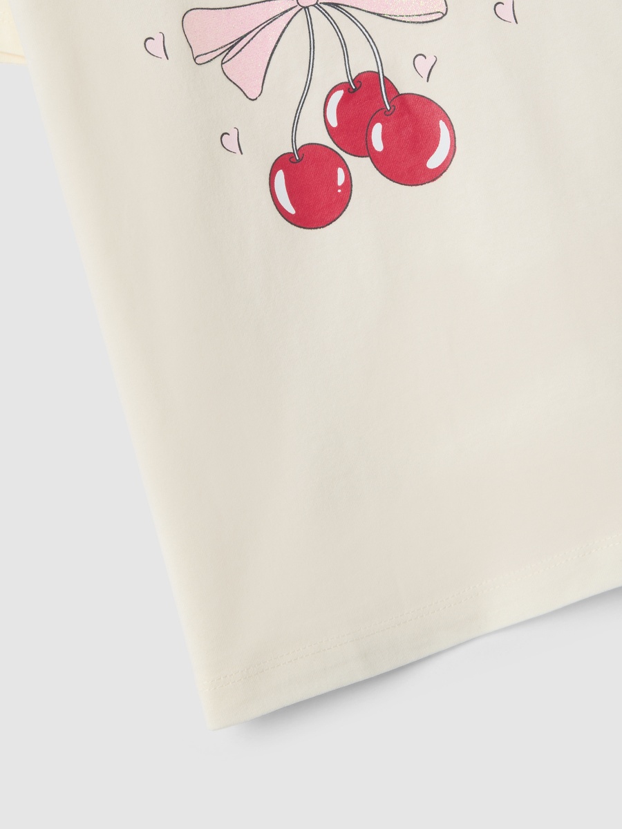 Girls Beige Pure Cotton Cherry Print T-Shirt