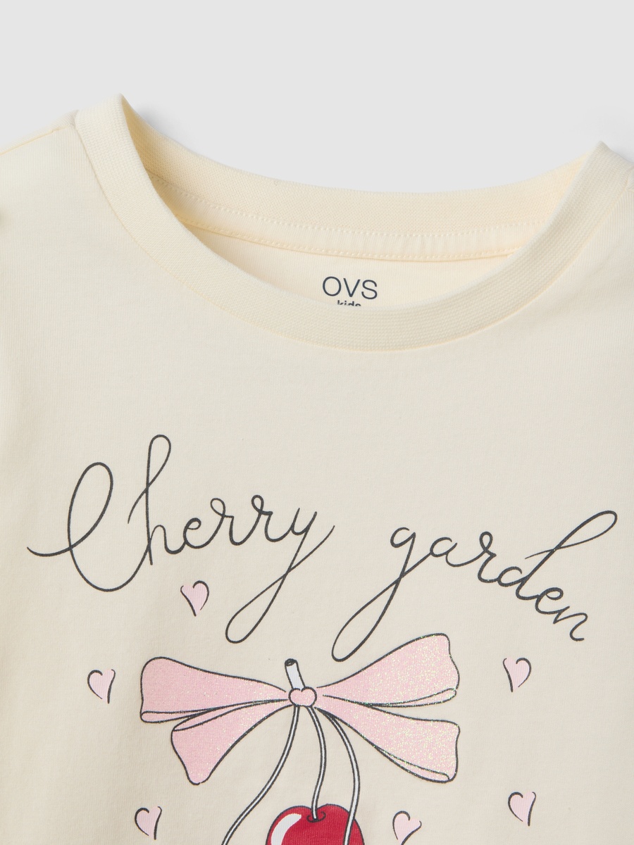 Girls Beige Pure Cotton Cherry Print T-Shirt