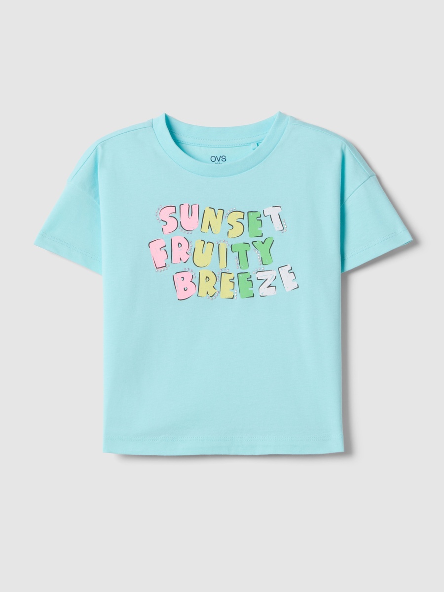 Girls Blue Cotton Graphic Print T-Shirt