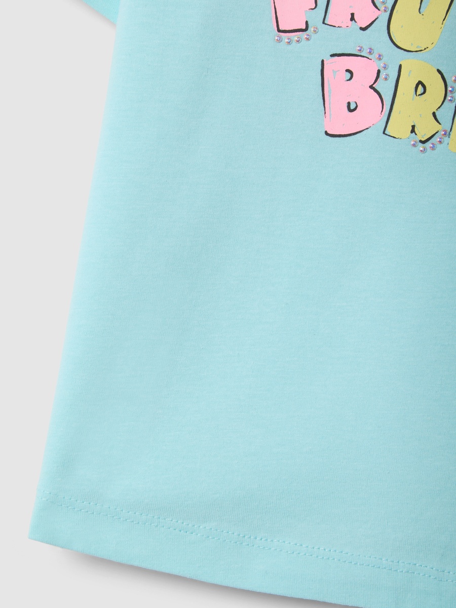 Girls Blue Cotton Graphic Print T-Shirt