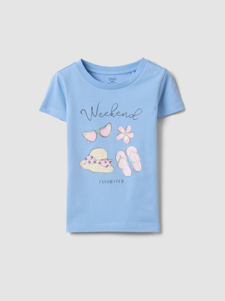 Girls Light Blue Pure Cotton Graphic Print T-Shirt