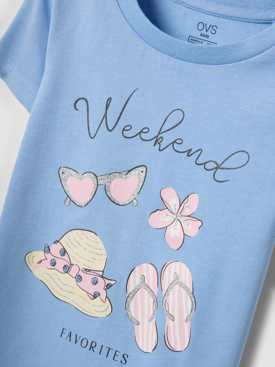 Girls Light Blue Pure Cotton Graphic Print T-Shirt