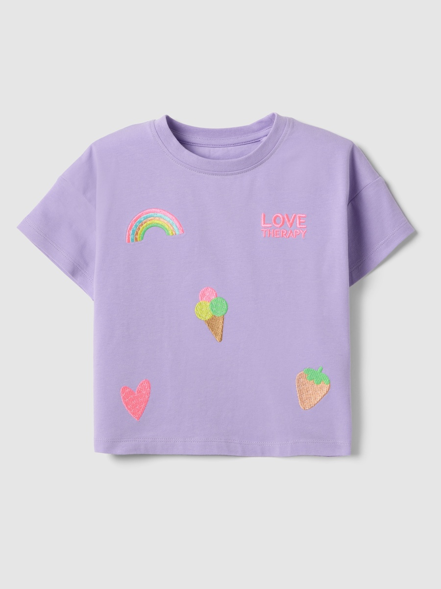 Girls Purple Embroidered Stretch Cotton T-Shirt