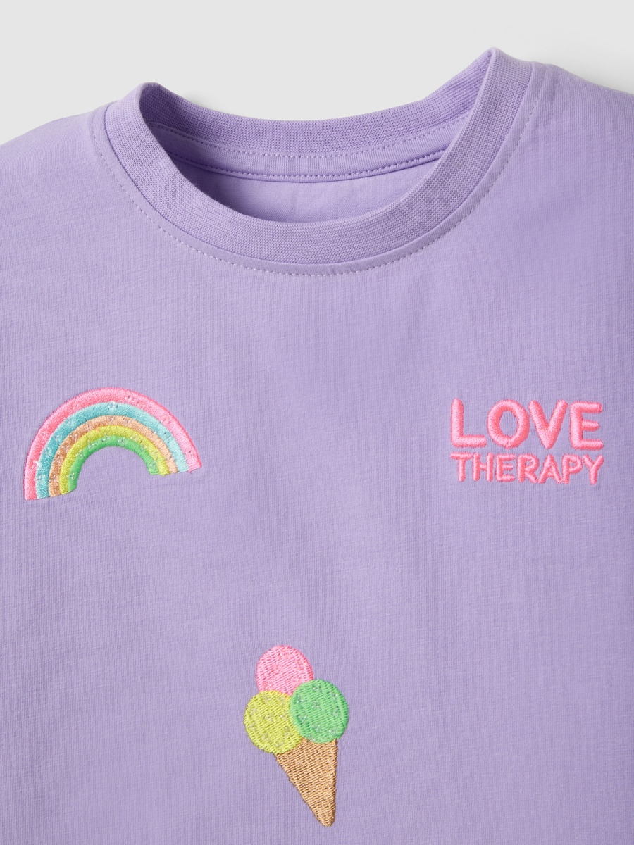 Girls Purple Embroidered Stretch Cotton T-Shirt