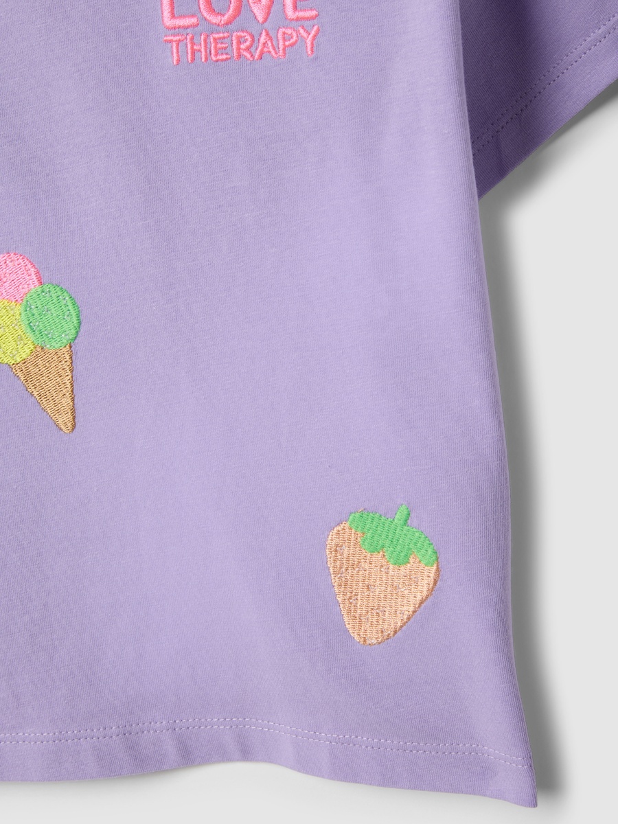 Girls Purple Embroidered Stretch Cotton T-Shirt