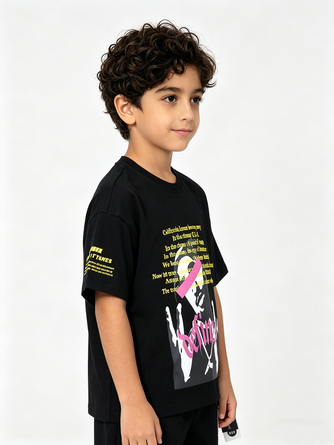 Kids Black Graphic Print Ramie Knitted Regular Fit T-Shirt