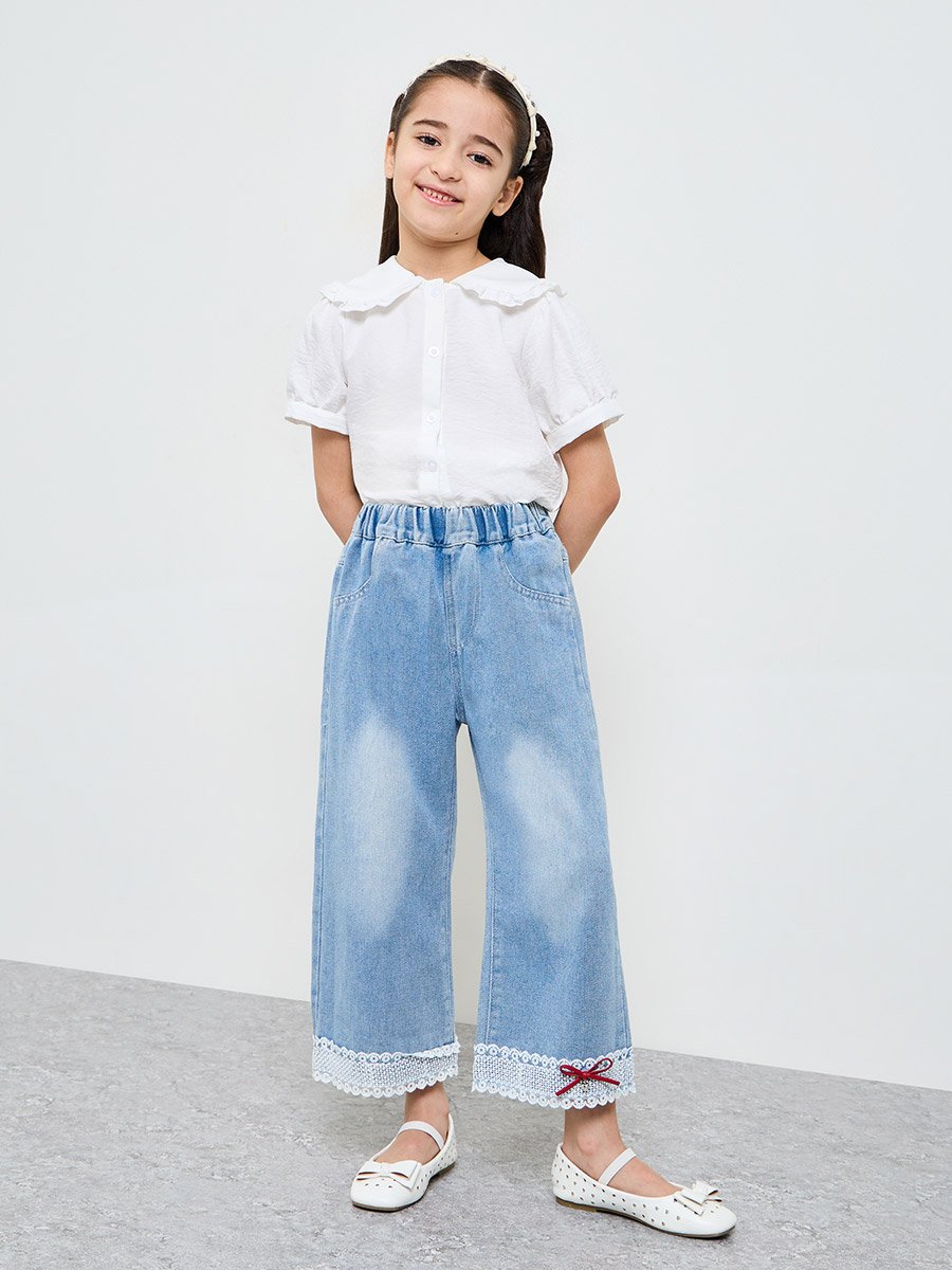 Girls Faded Wide Leg Jeans with Lace Hem