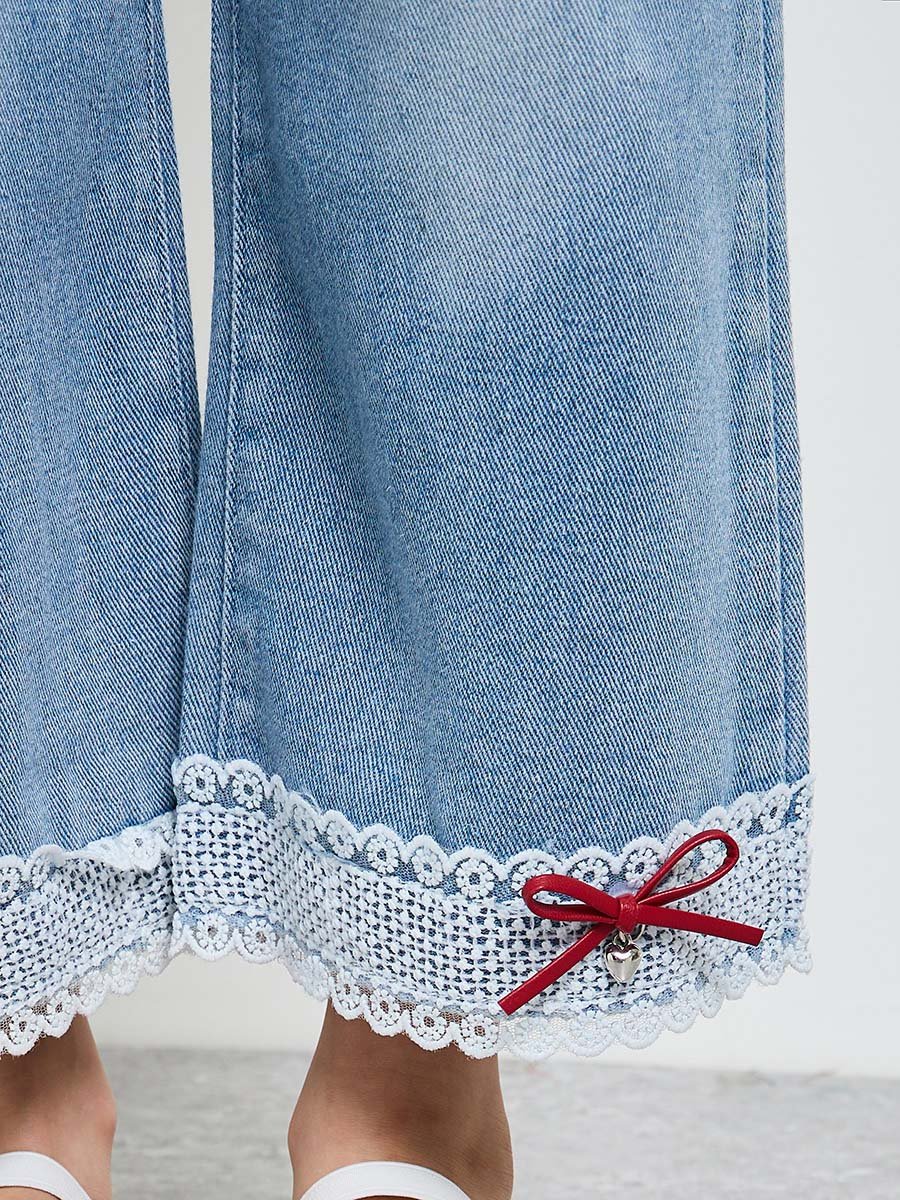 Girls Faded Wide Leg Jeans with Lace Hem