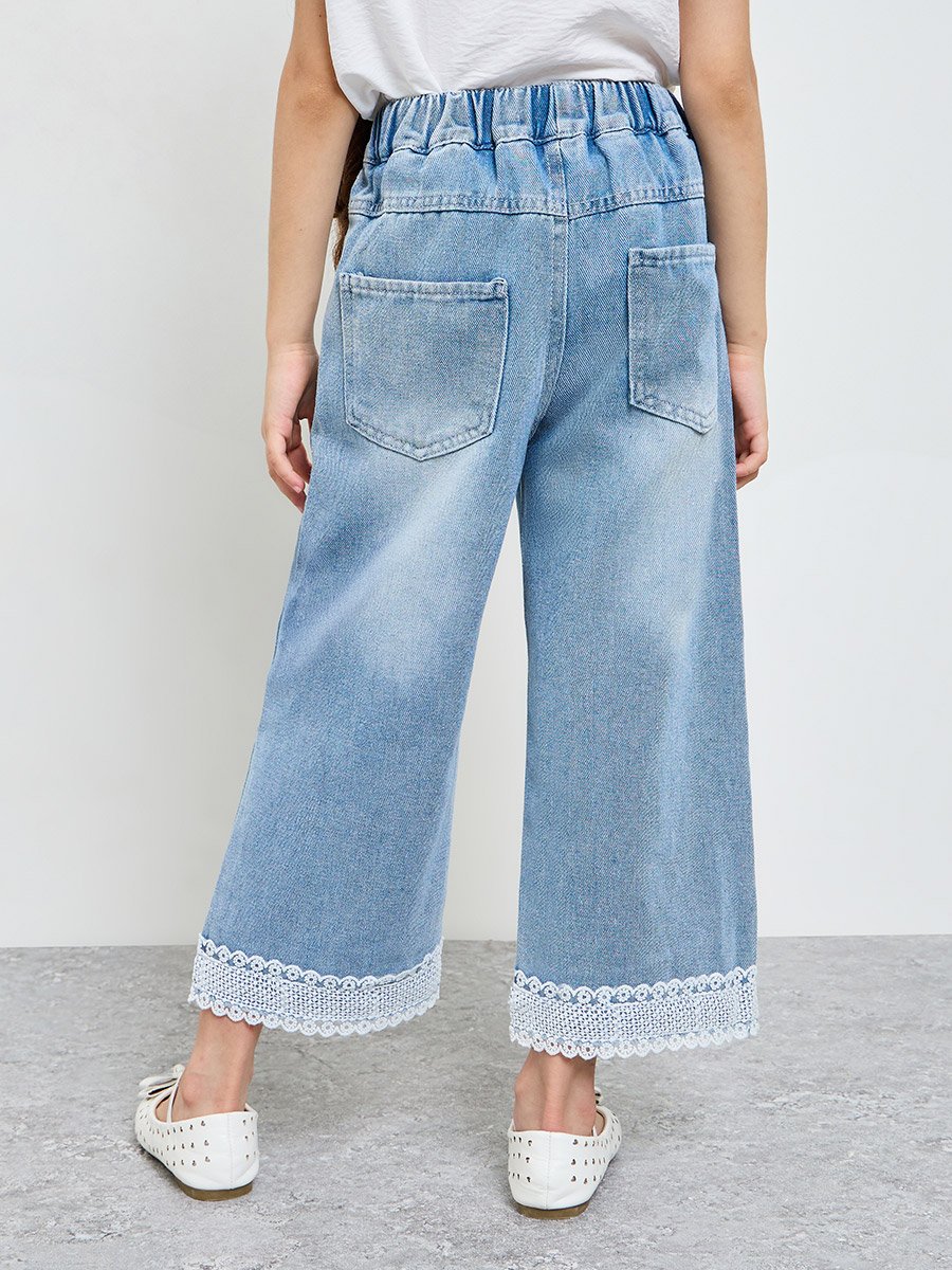Girls Faded Wide Leg Jeans with Lace Hem