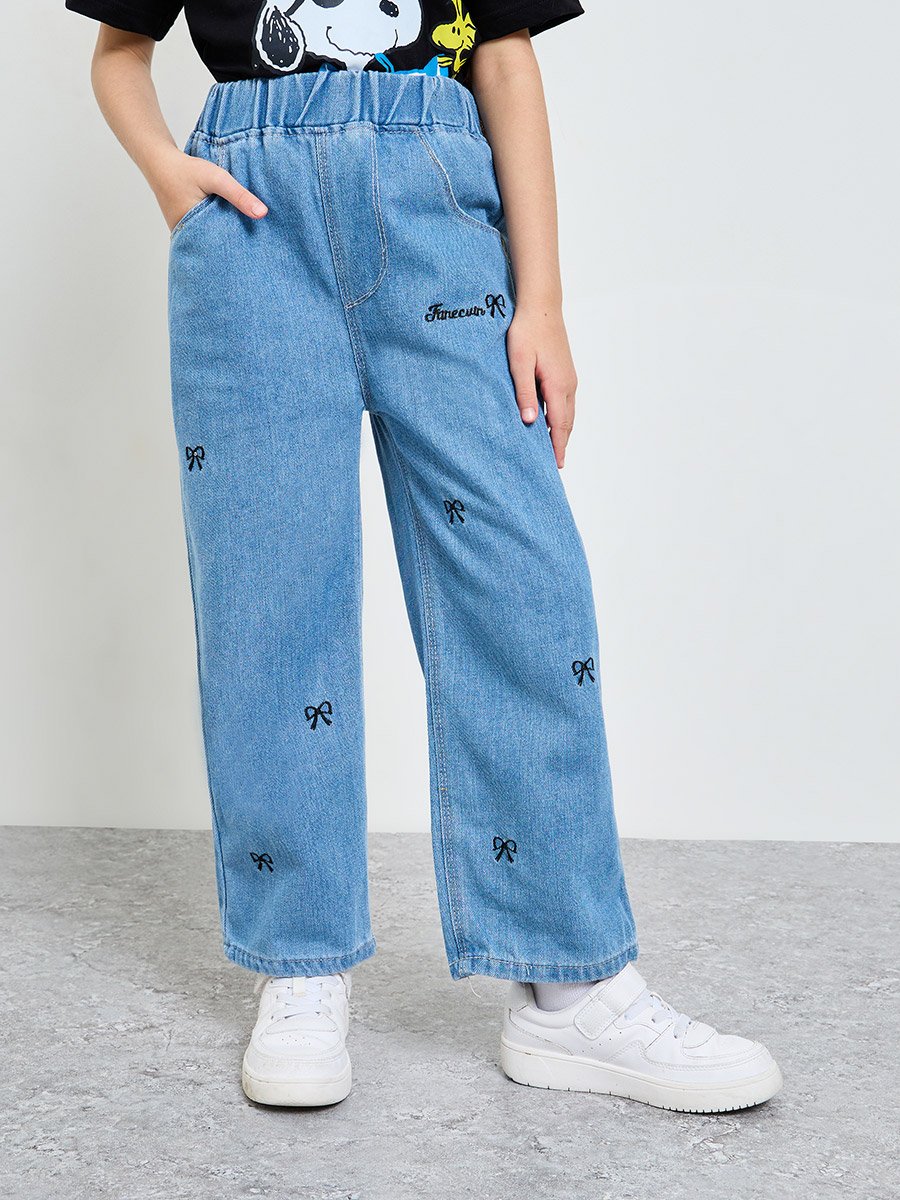 Girls Straight Leg Jeans with Bow Embroidery