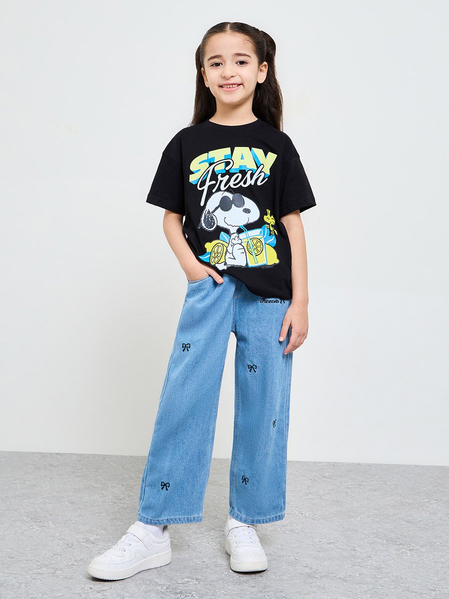 Girls Straight Leg Jeans with Bow Embroidery