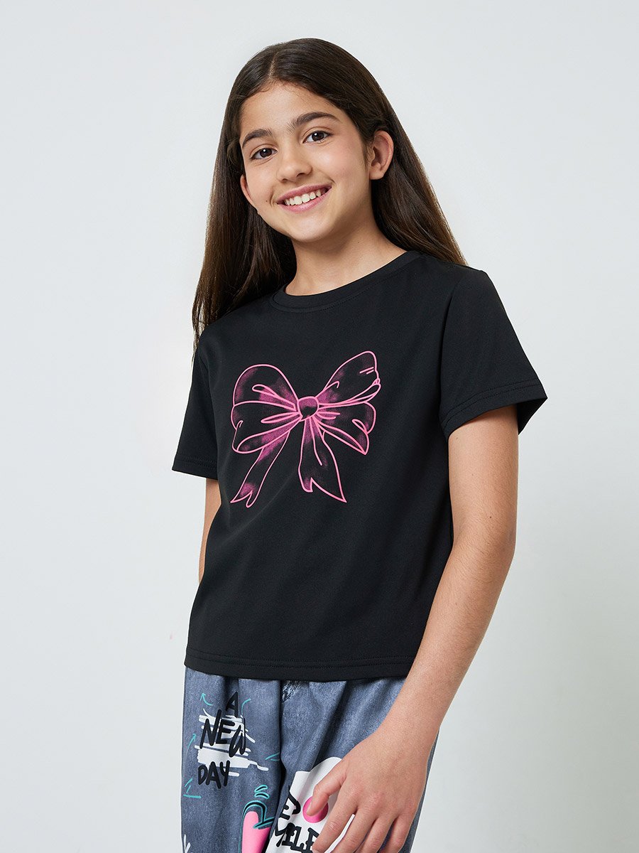 Teen Girls Bow Print T-Shirt and Graffiti Jeans Set