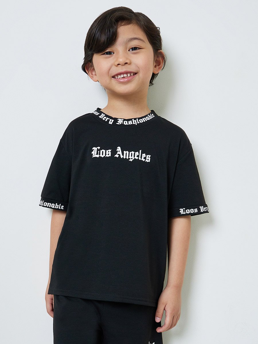 Boys Black Slogan Print T-Shirt and Shorts Set