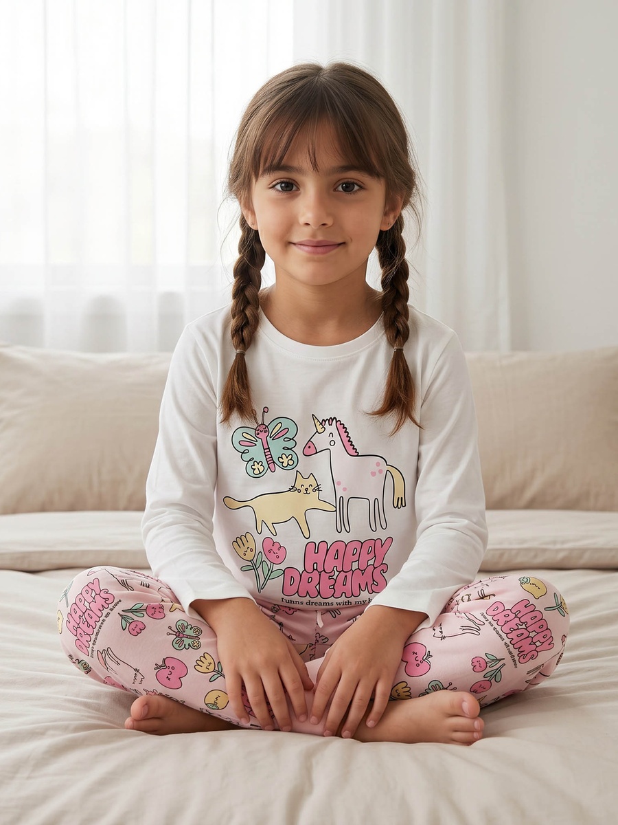 Cotton Crew Neck Long Sleeves Pyjama Set with Print
