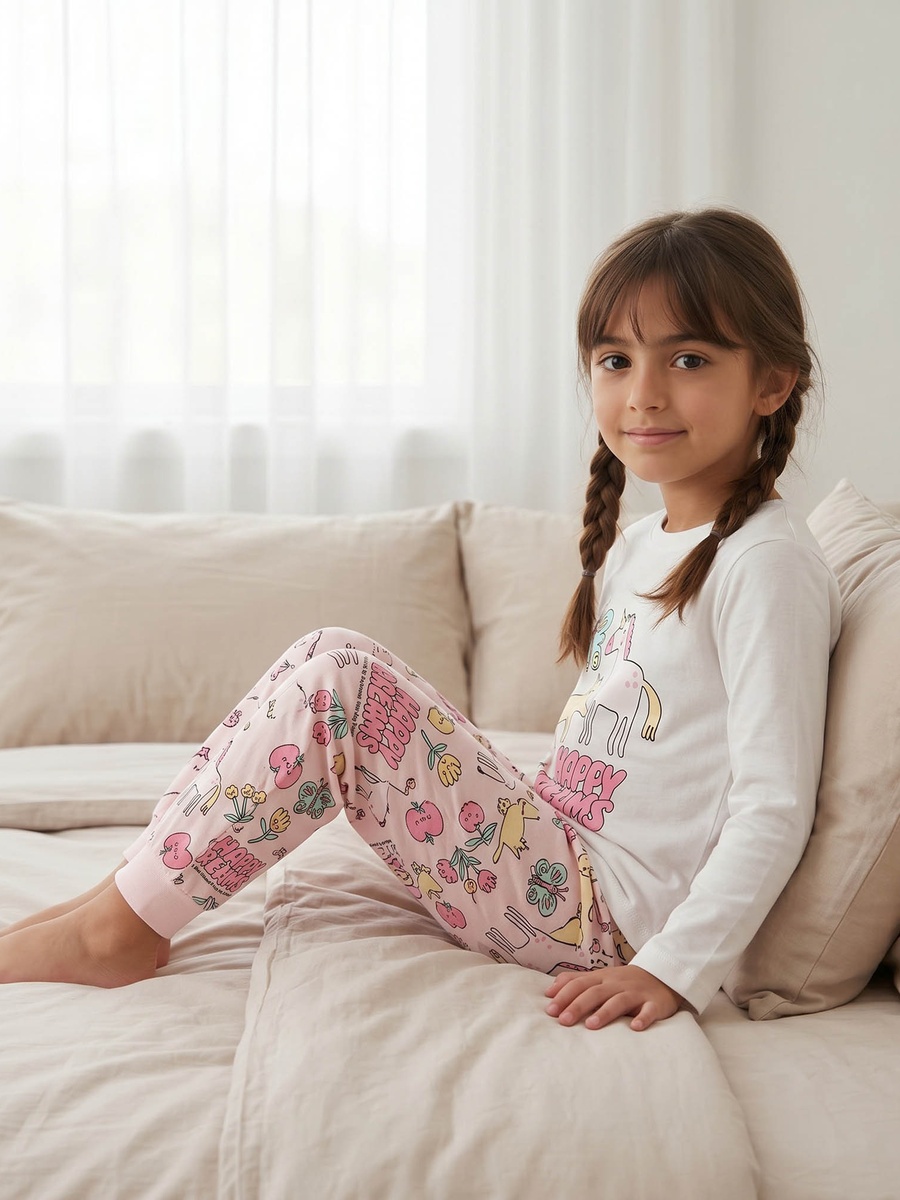 Cotton Crew Neck Long Sleeves Pyjama Set with Print