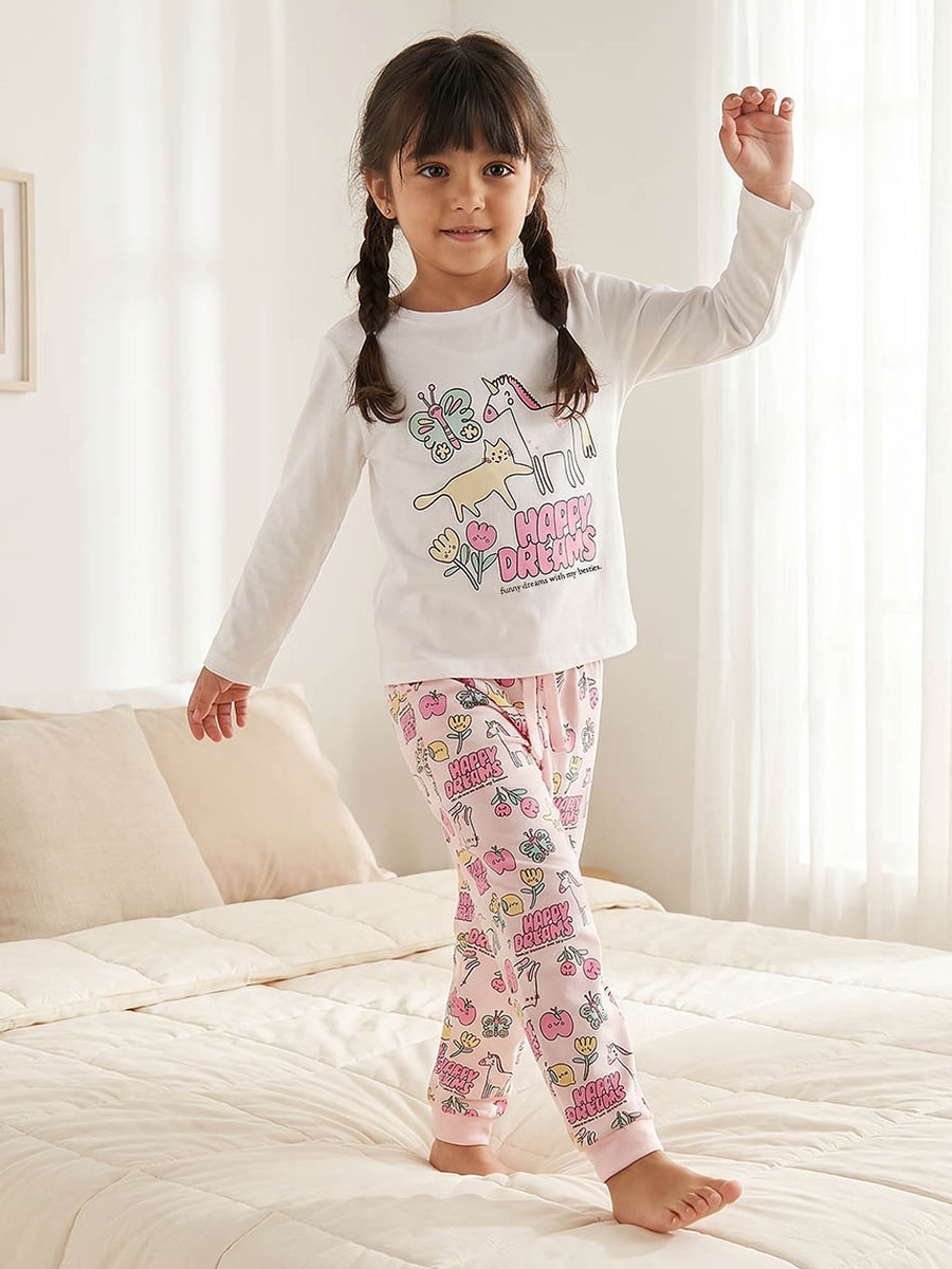 Cotton Crew Neck Long Sleeves Pyjama Set with Print