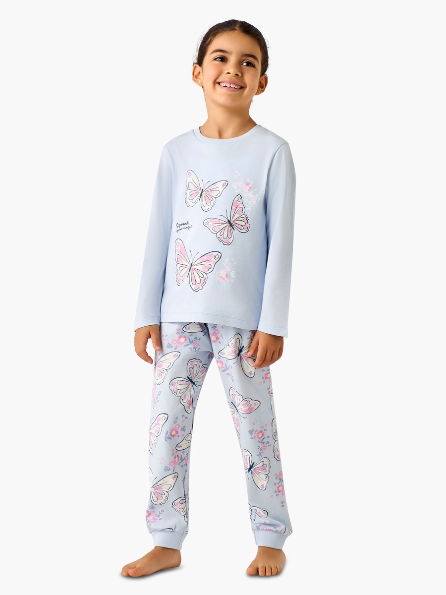 Cotton Crew Neck Long Sleeves Pyjama Set with Butterfly Print
