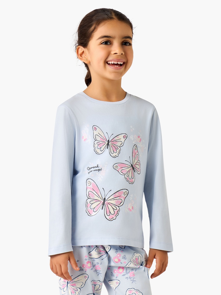 Cotton Crew Neck Long Sleeves Pyjama Set with Butterfly Print