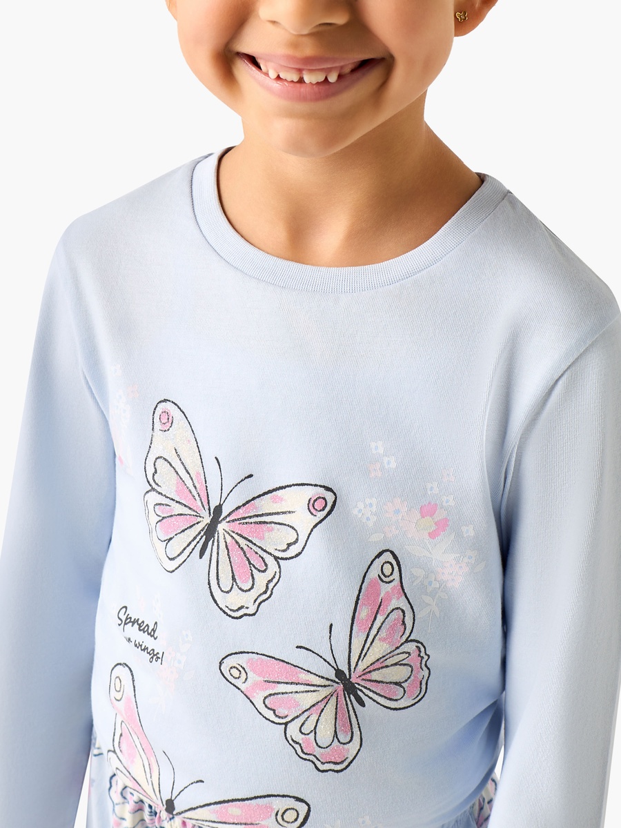 Cotton Crew Neck Long Sleeves Pyjama Set with Butterfly Print