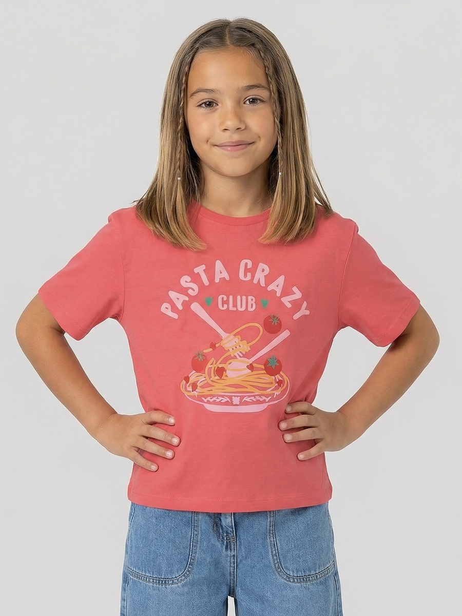 Crew Neck Short Sleeves T-Shirt with Pasta Graphic Print