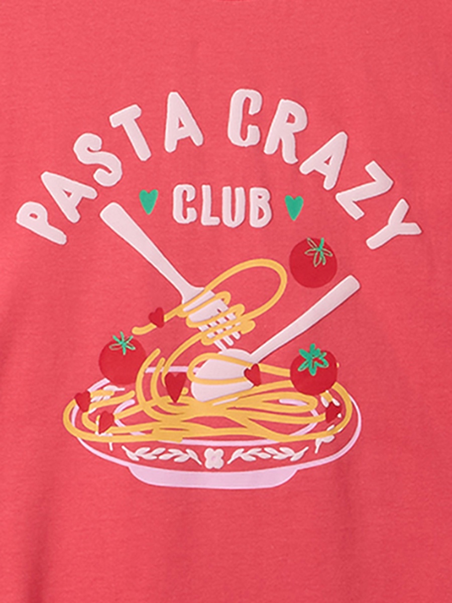 Crew Neck Short Sleeves T-Shirt with Pasta Graphic Print