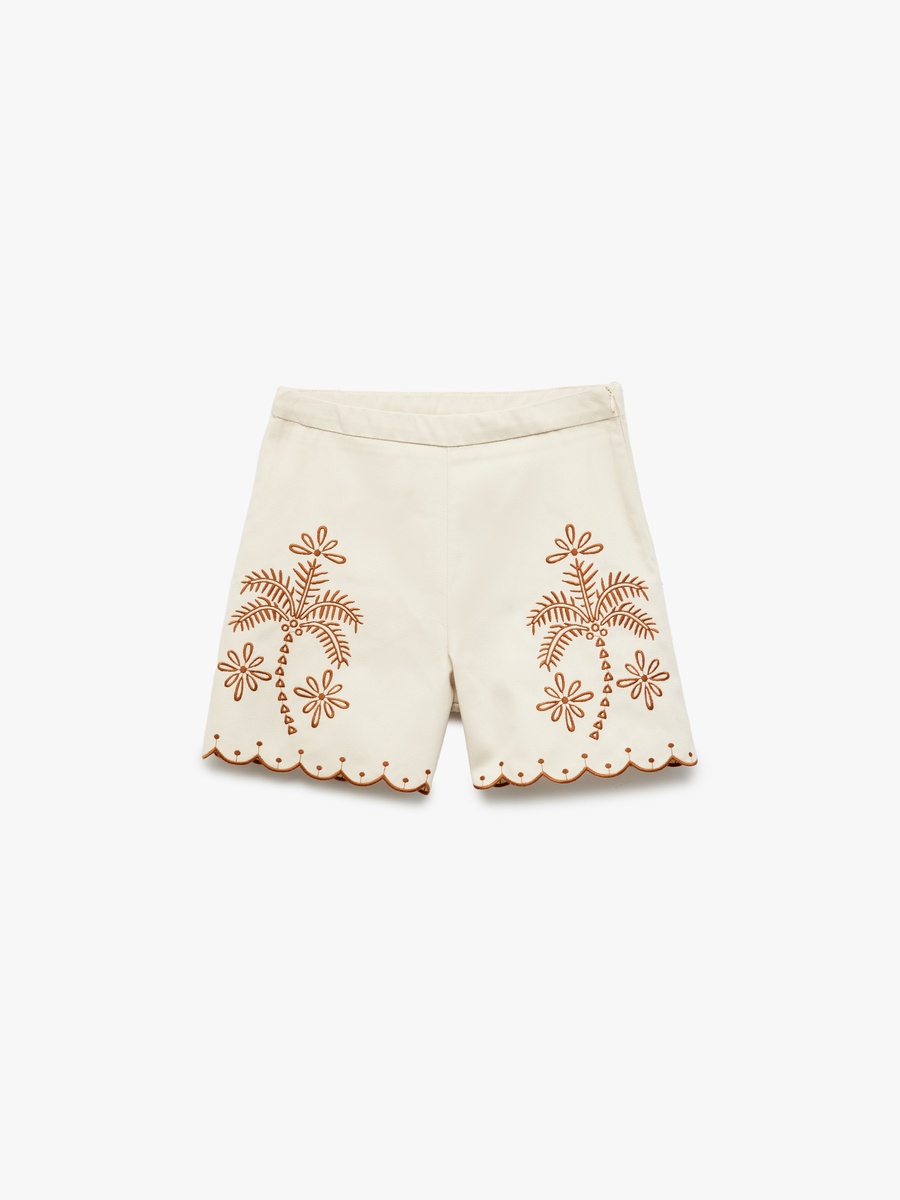 Embroidered Cotton Shorts with Scalloped Hem