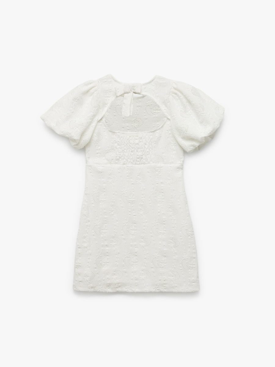 Textured Puff Sleeve Mini Dress with Cut Out Back