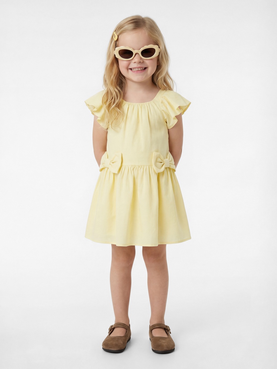 Solid Flared Sleeve Dress with Bow Detail