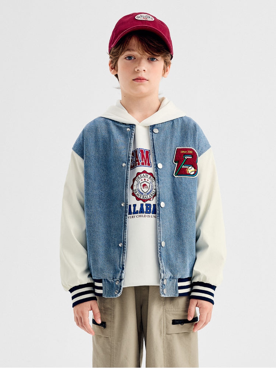 Boys Denim Varsity Jacket with Embroidery Patch