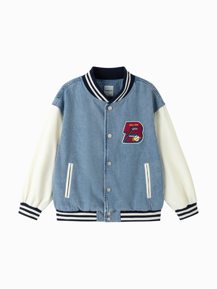 Boys Denim Varsity Jacket with Embroidery Patch