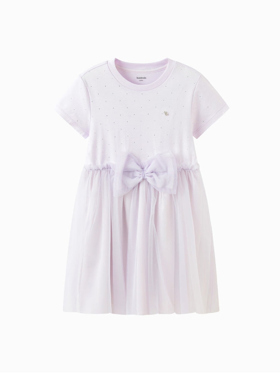 Girls Embellished Short Sleeves Dress with Bow Detail