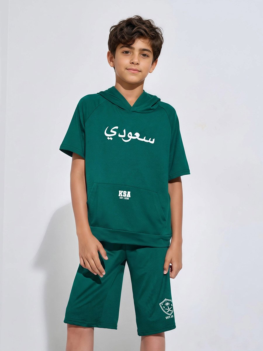Teen Boys Dark Green KSA National Day Hoodie and Shorts Set