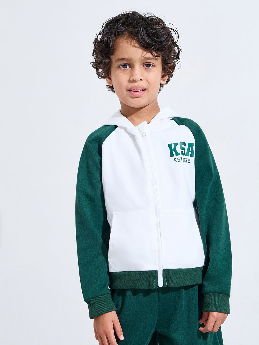 Toddler Boy raglan sleeve zip thru hoodie with front embroidery and back print with pull on straight fit jogger