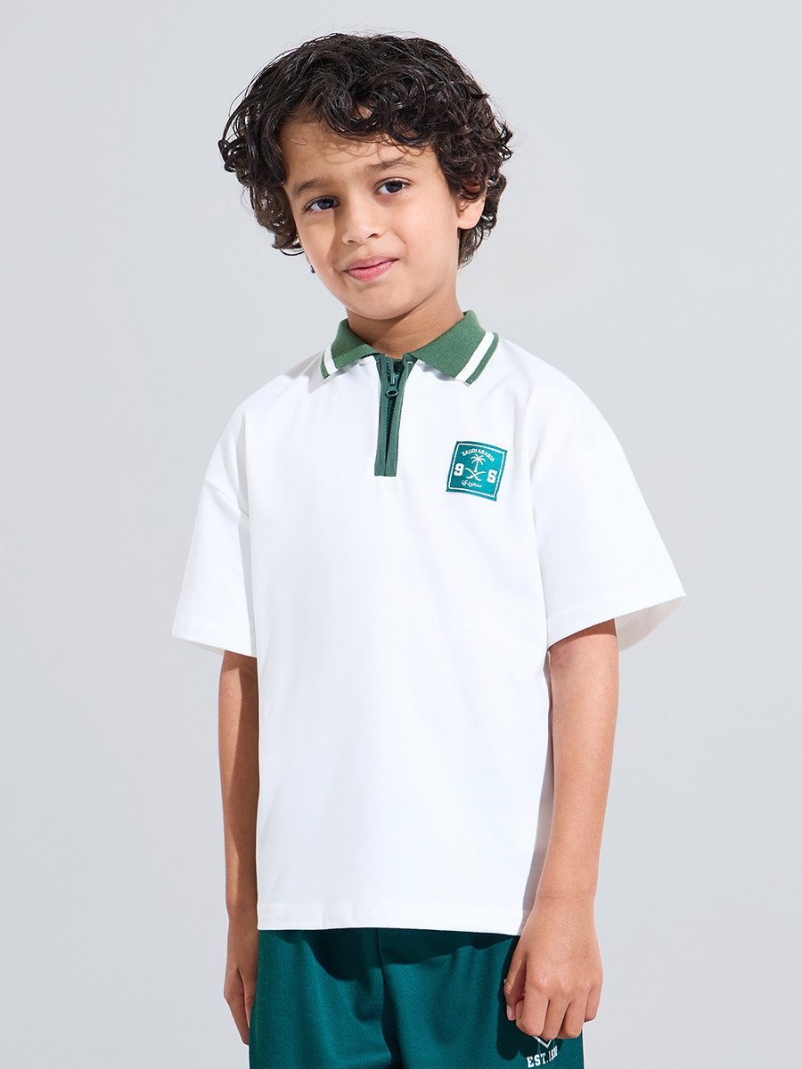 Boys Off White KSA National Day Patchwork Contrast Collar Polo T-Shirt