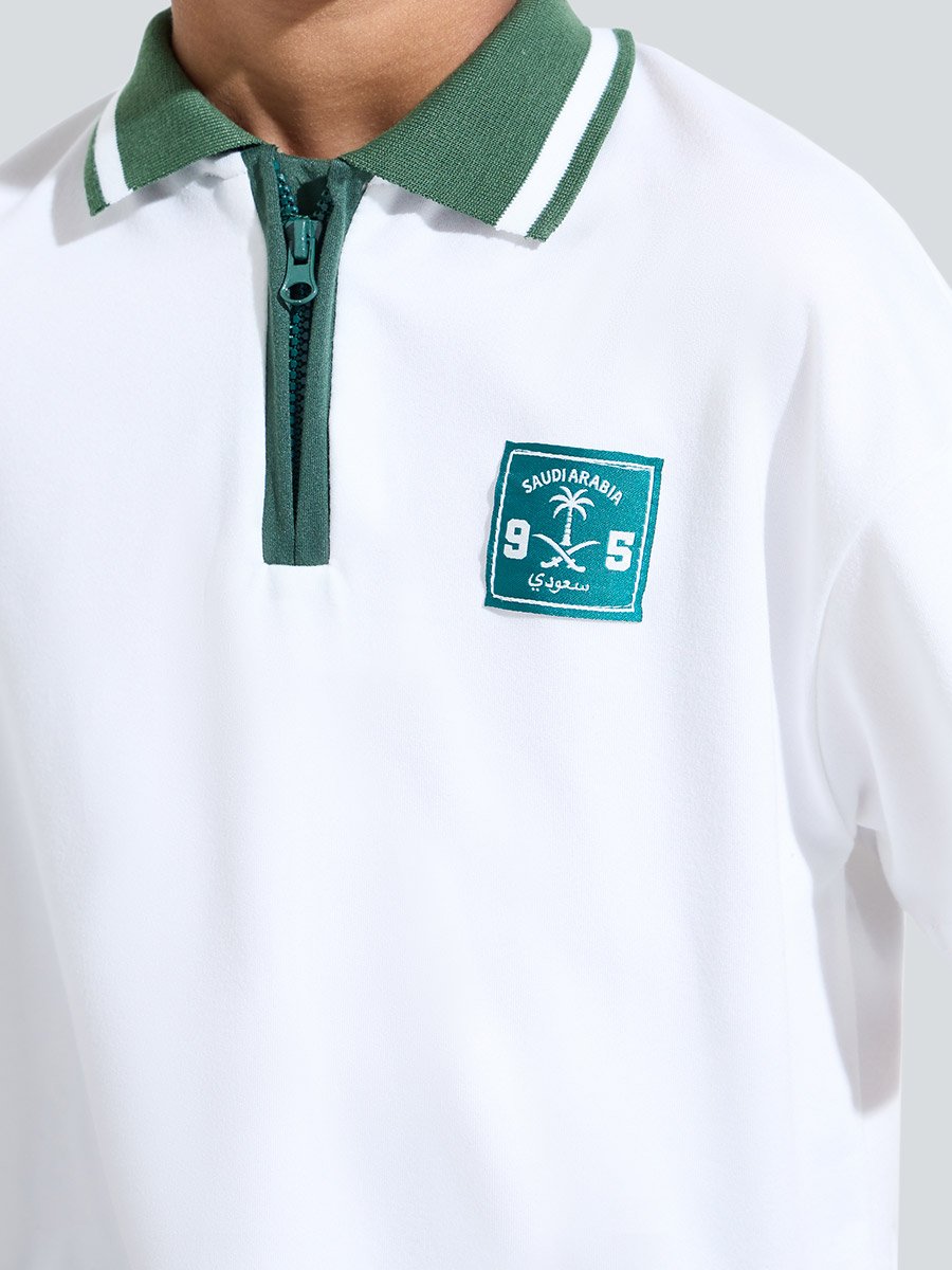 Boys Off White KSA National Day Patchwork Contrast Collar Polo T-Shirt