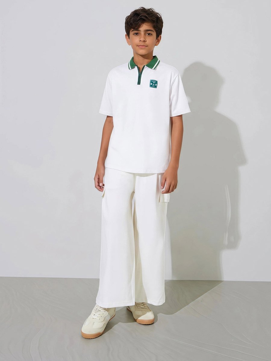 Teen Boys Off White Front Zip Polo T-Shirt with KSA National Day Patchwork