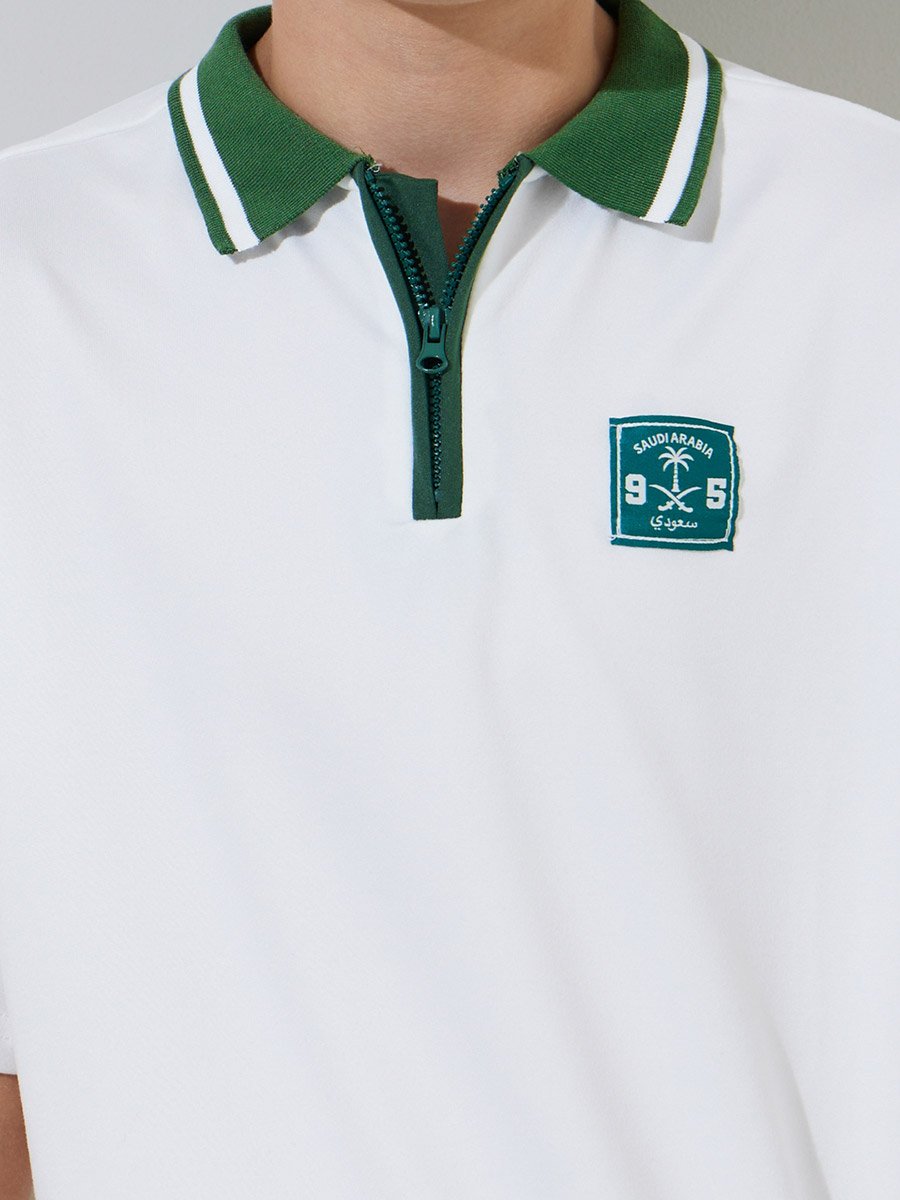 Teen Boys Off White Front Zip Polo T-Shirt with KSA National Day Patchwork