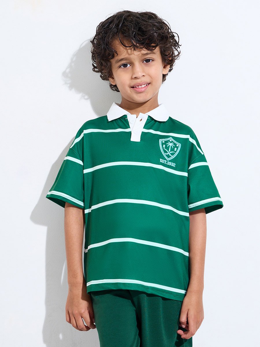 Boys Dark Green Striped Embroidered Oversized Polo T-Shirt