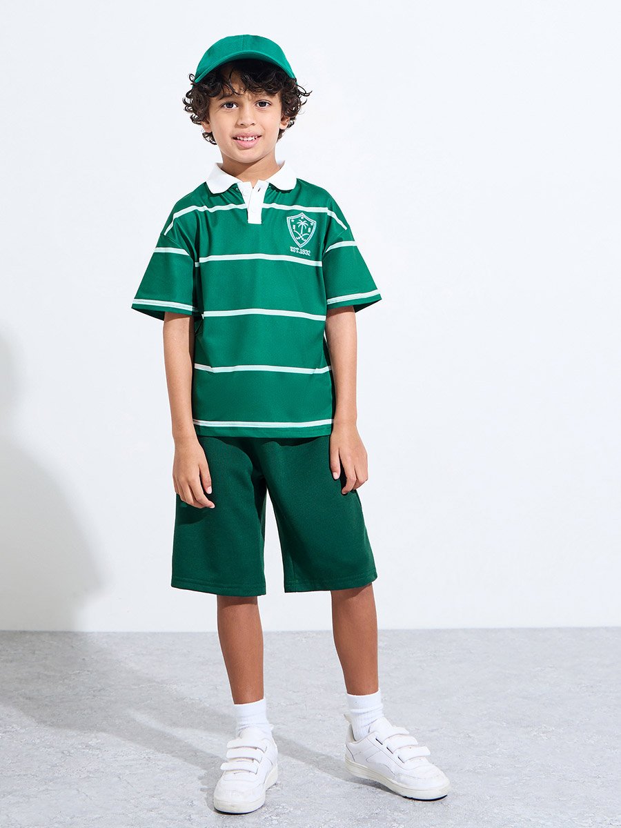 Boys Dark Green Striped Embroidered Oversized Polo T-Shirt