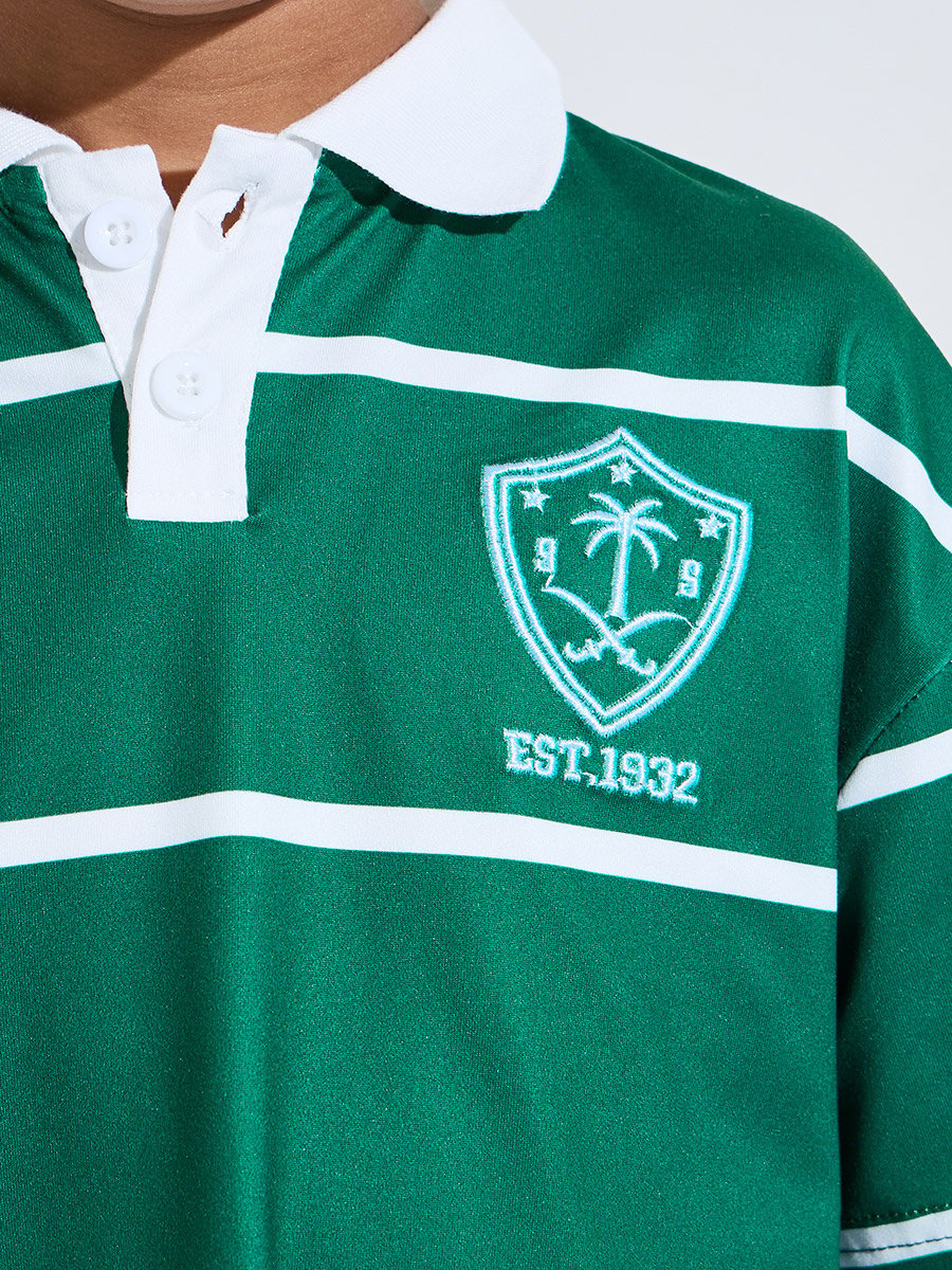 Boys Dark Green Striped Embroidered Oversized Polo T-Shirt