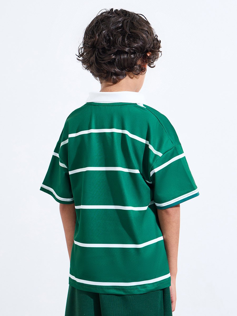 Boys Dark Green Striped Embroidered Oversized Polo T-Shirt